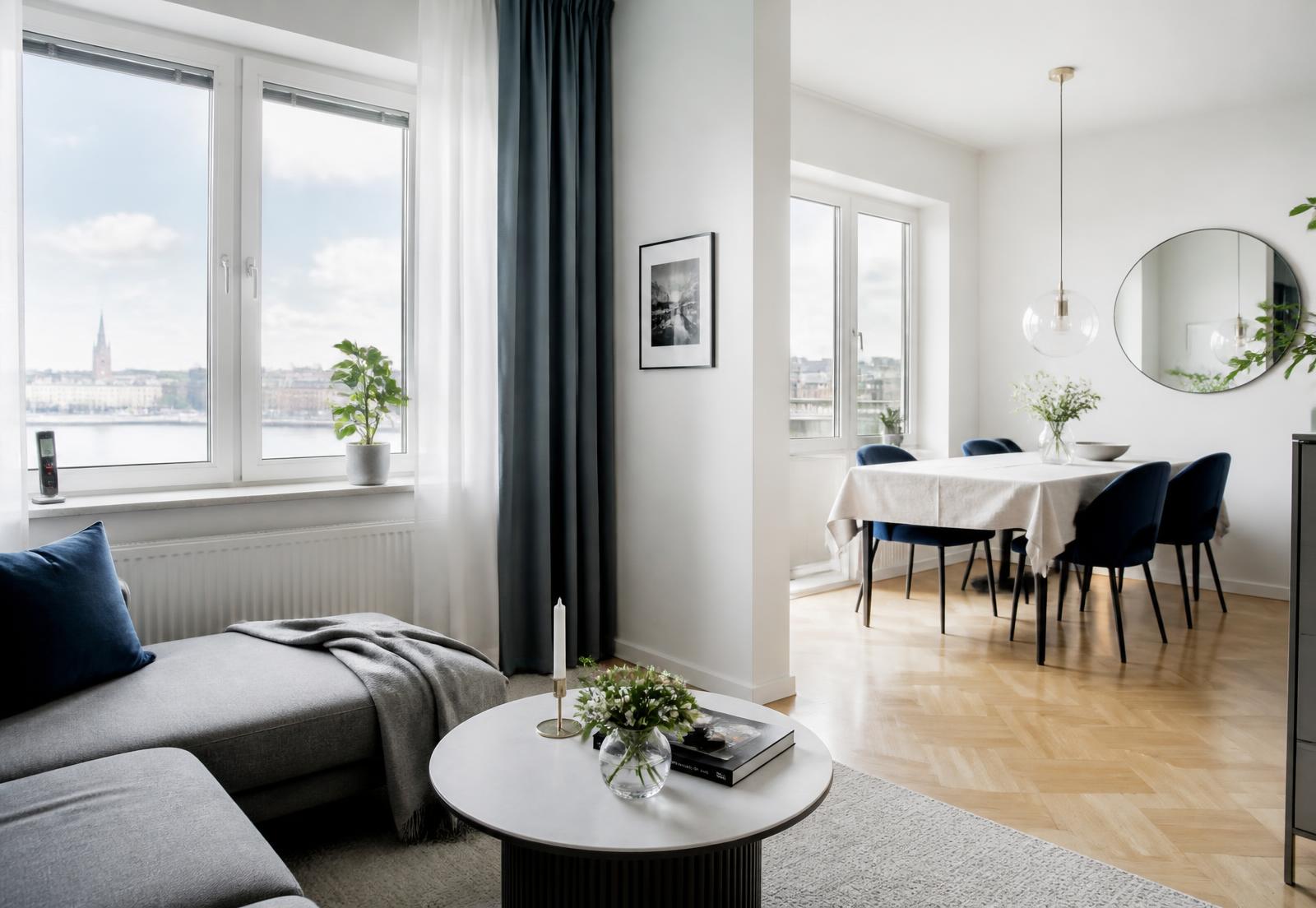 Ljus lägenhet i Stockholm med lasermätare i fönstret